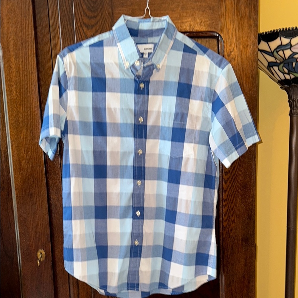 Sonoma Blue & White Gingham Plaid Short Sleeved Button Down Shirt